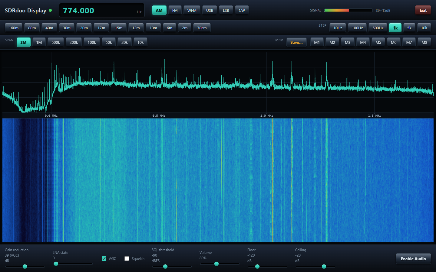 SDRduo Display showing the whole MW broadcast band, 2 MHz span